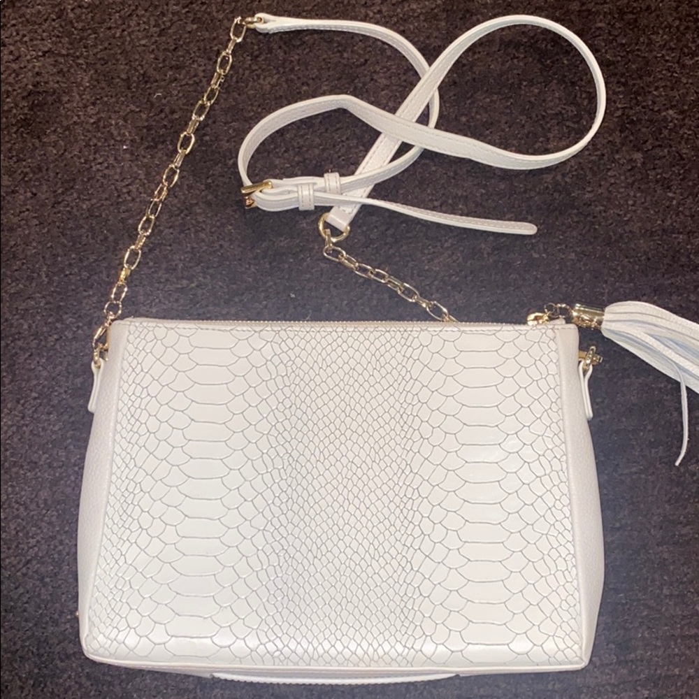 White faux crocodile bag